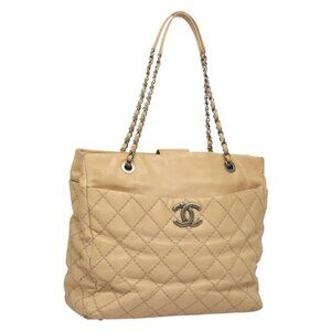 CHANEL Wild Stitch Chain Shoulder Bag Leather Beige CC